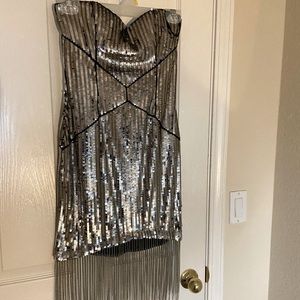 Silver sequin strapless dress with fringe